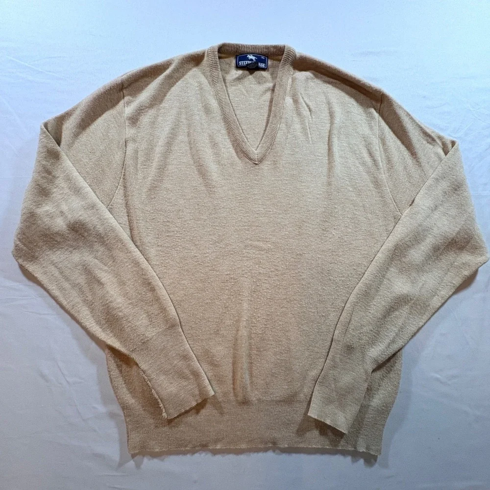 Steeplechase V-Neck Sweater Mens XL Tan Vintage Orlon Acrylic Knit Pullover USA